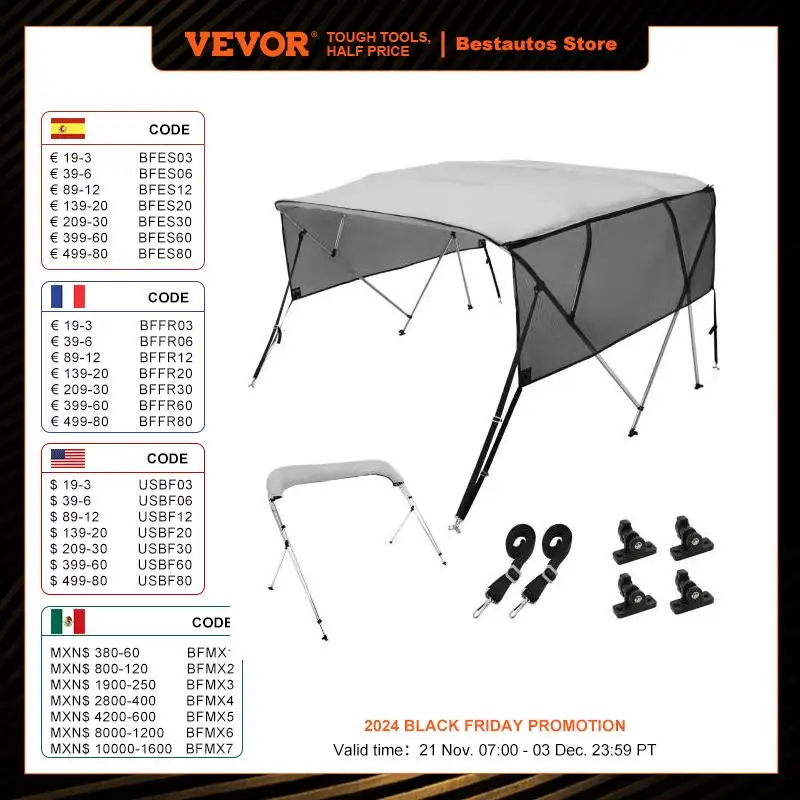 VEVOR 4 Bow Bimini Top Boat Cover Detachable Mesh Sidewalls Polyester Canopy Aluminum Alloy Frame For Boat