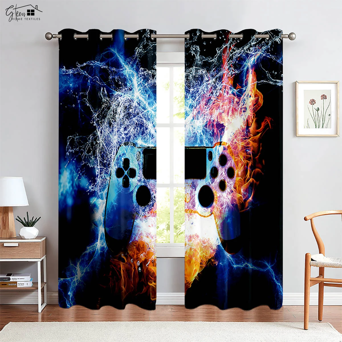 Lightning Note Game Controller Printed Curtains 100% Polyester Living Room E-Sports Room Children's Room Decorative Curtains