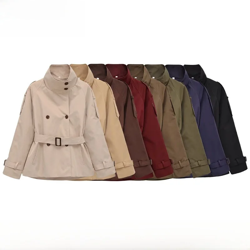 Early Autumn New Arrival Women's Fashion Double Row Button Long Sleeve Short Coat Windbreaker Polyester Fiber Loose Fit Coat