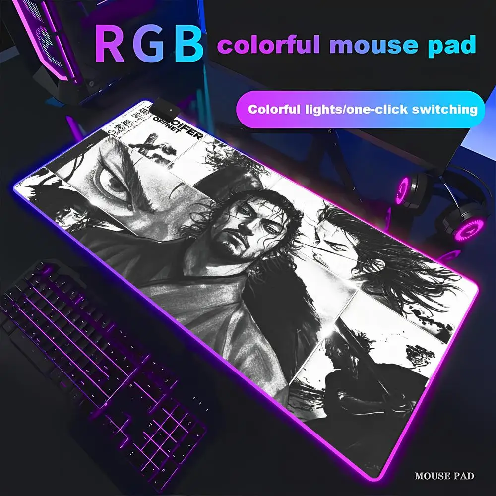 

HYBXAXC New HD Printing Miyamoto Musashi Vagabond Manga Mousepad Keyboard Mat Non-slip Rubber RGB Gaming Pad HD Large LED Light