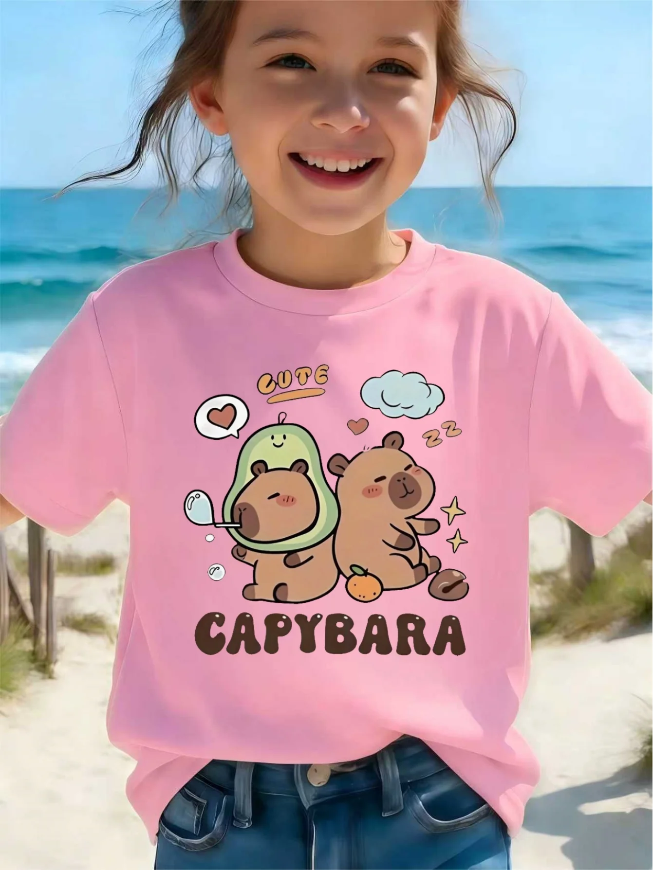 Avocado Capybara Cartoon Print Boys Girls Family Matching Tee Kids Parent Short Sleeve Daily Soft Casual Comfort T Shirt