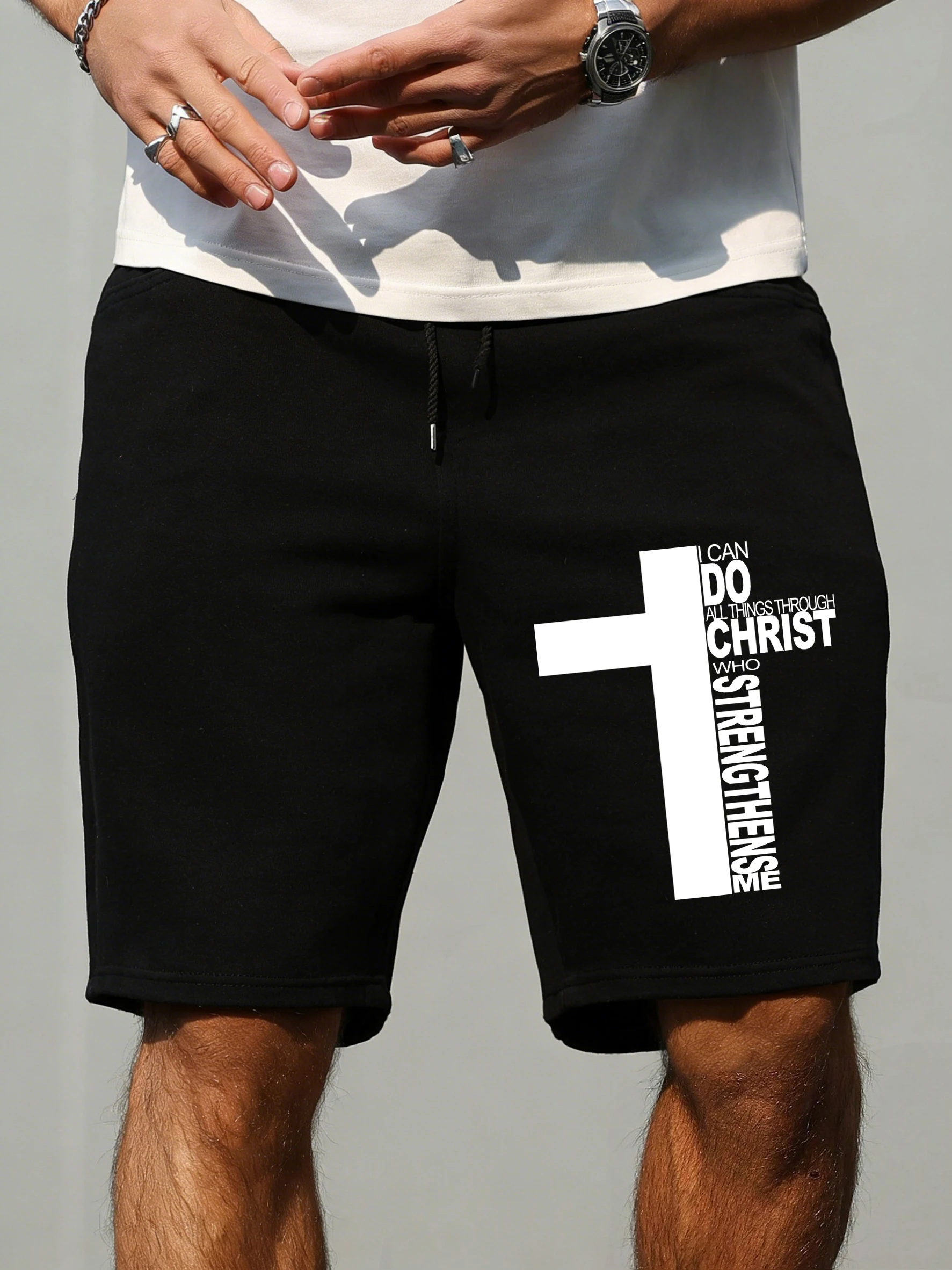 

Christ Has Made Me Invincible Pattern Men'S Sports Shorts Gym Pocket Elasticity Pant Summer Sportswear Wide Leg Loose Clothing