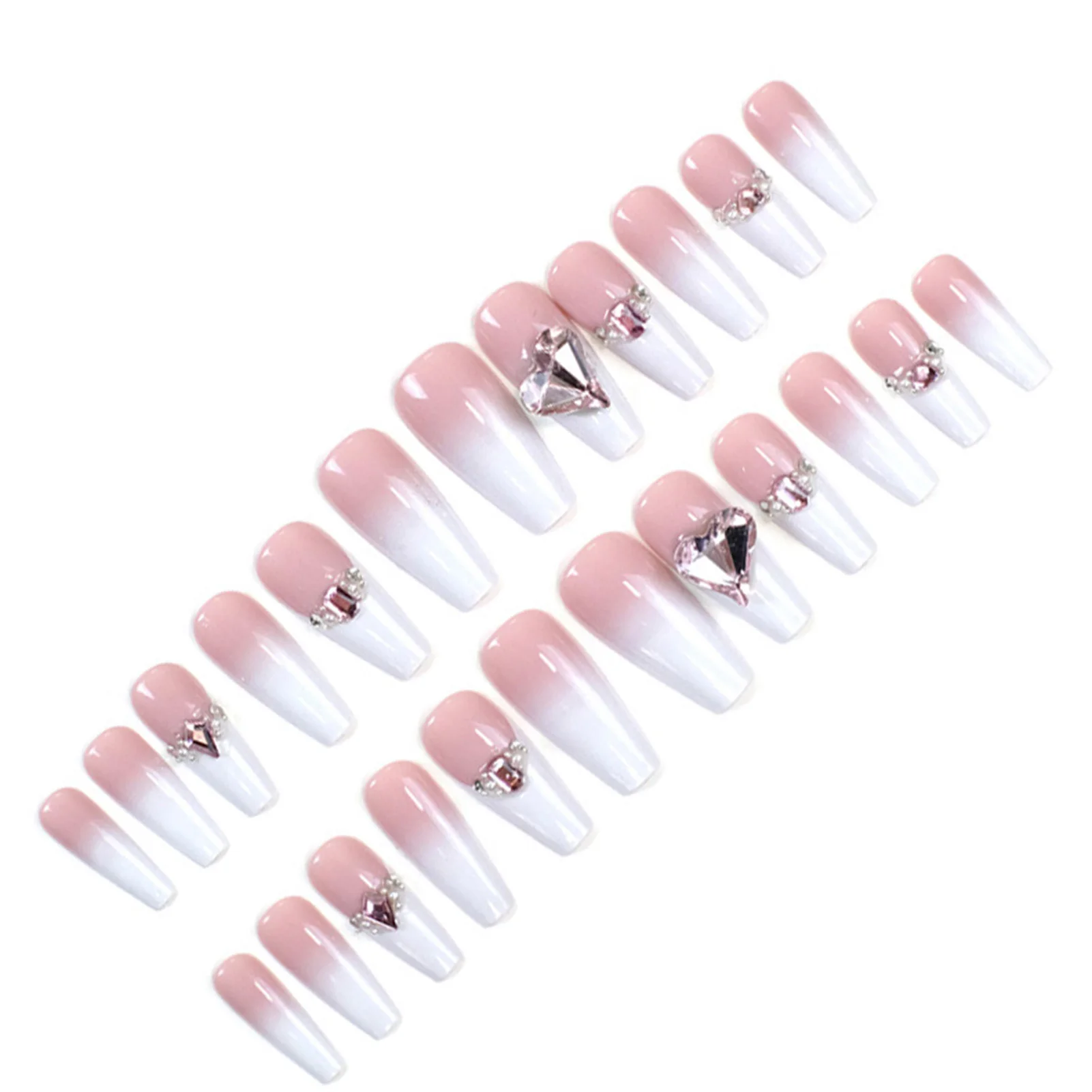 Pink Rhinestone Embellished Fake Nails Long Trapeziform with Diamond Decorations Nails for Manicure Lover Daily Home DIY