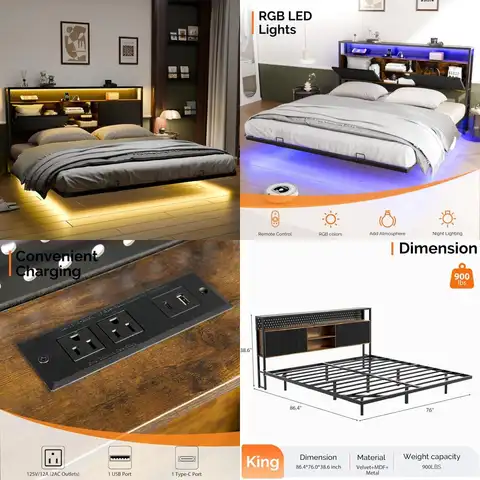 King Size Floating Bed Frame with LED Lighting and Charging Station, Velvet Headboard with Storage and Cozy Design