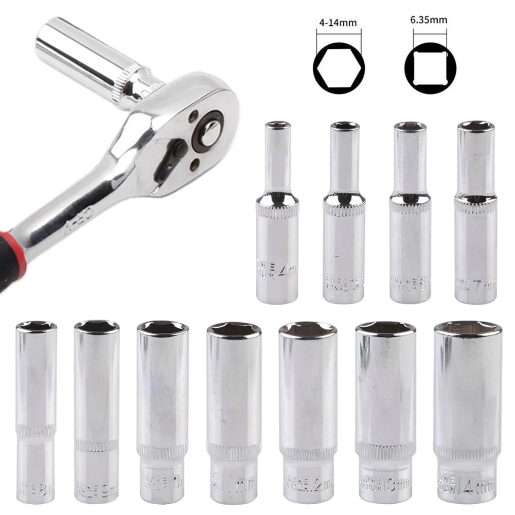 1pc Deep Socket 4/5/6/7/8/9/10/11/12/13/14mm Deep Socket Adapter 1/4inch Hex Socket Wrench Heads Ratchet Tool