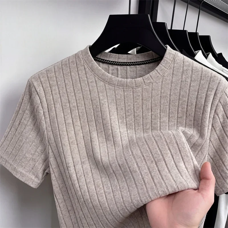 Men Ribbed Knit Short Sleeve T Shirt Crew Neck Casual Style Breathable Fabric Slim Fit For Daily Office And Weekend Activities