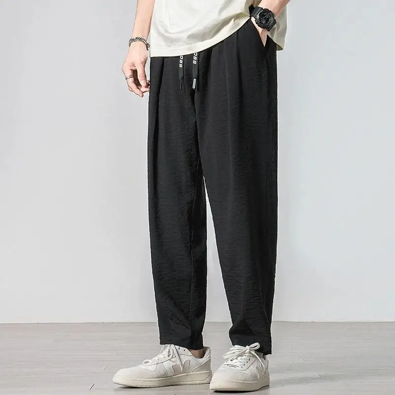 Male Trousers Cool Summer Pocket Cooling Thin Ice Silk Wide Men's Casual Pants Wrinkle Korean Style Aesthetic Hot Baggy Cotton