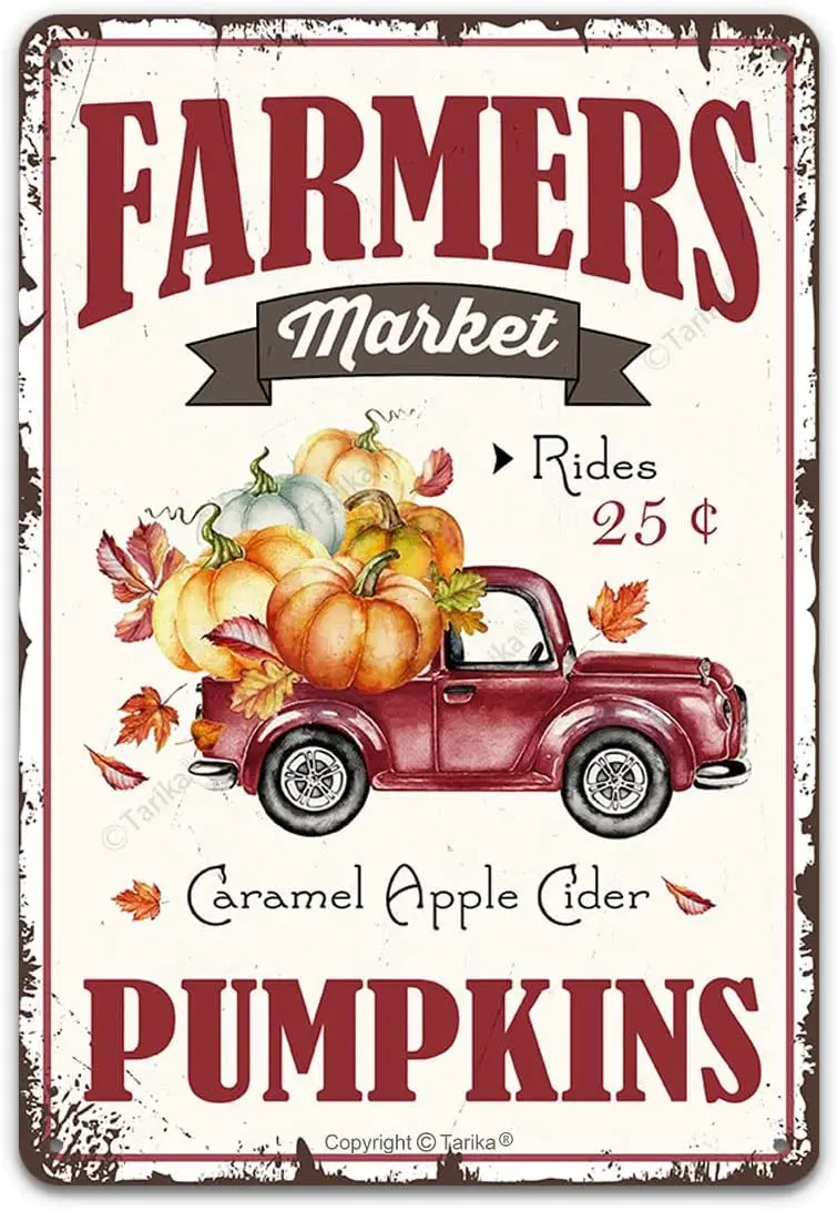 Pumpkin Patch Farmhouse Tin Sign, Farmers Market Caramel Apple Cider Pumpkins Funny Metal Plaque Wall Decor Fall Sign