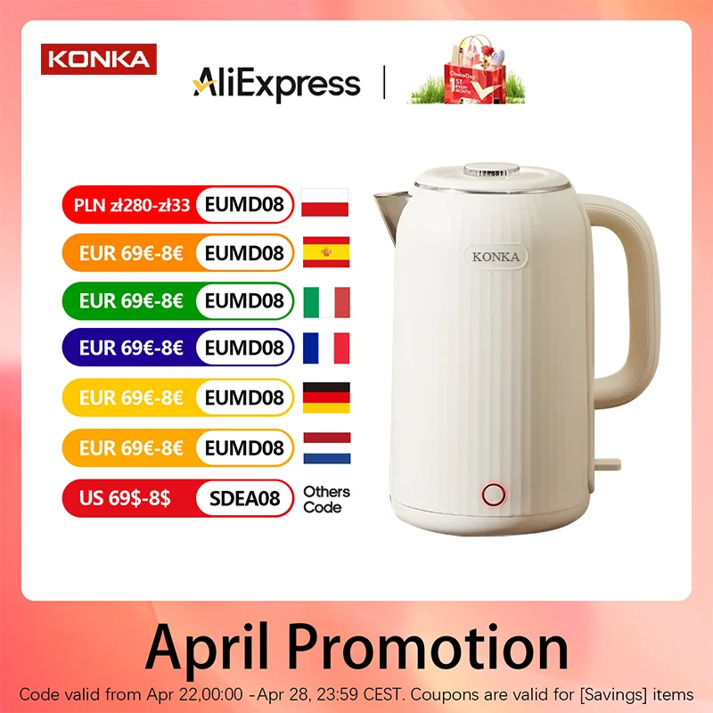 

Konka KDSH-2513 2.5L Capacity Electric Kettle Exquisite Roman Stripe Design 304 Food Grade Stainless Steel Inner Pot Boil-off