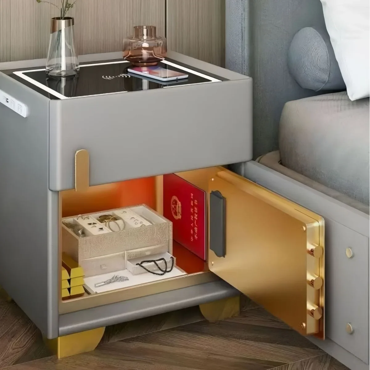 2024 new smart bedside table safe integrated with wireless charging double row plug multi-function Internet celebrity safe