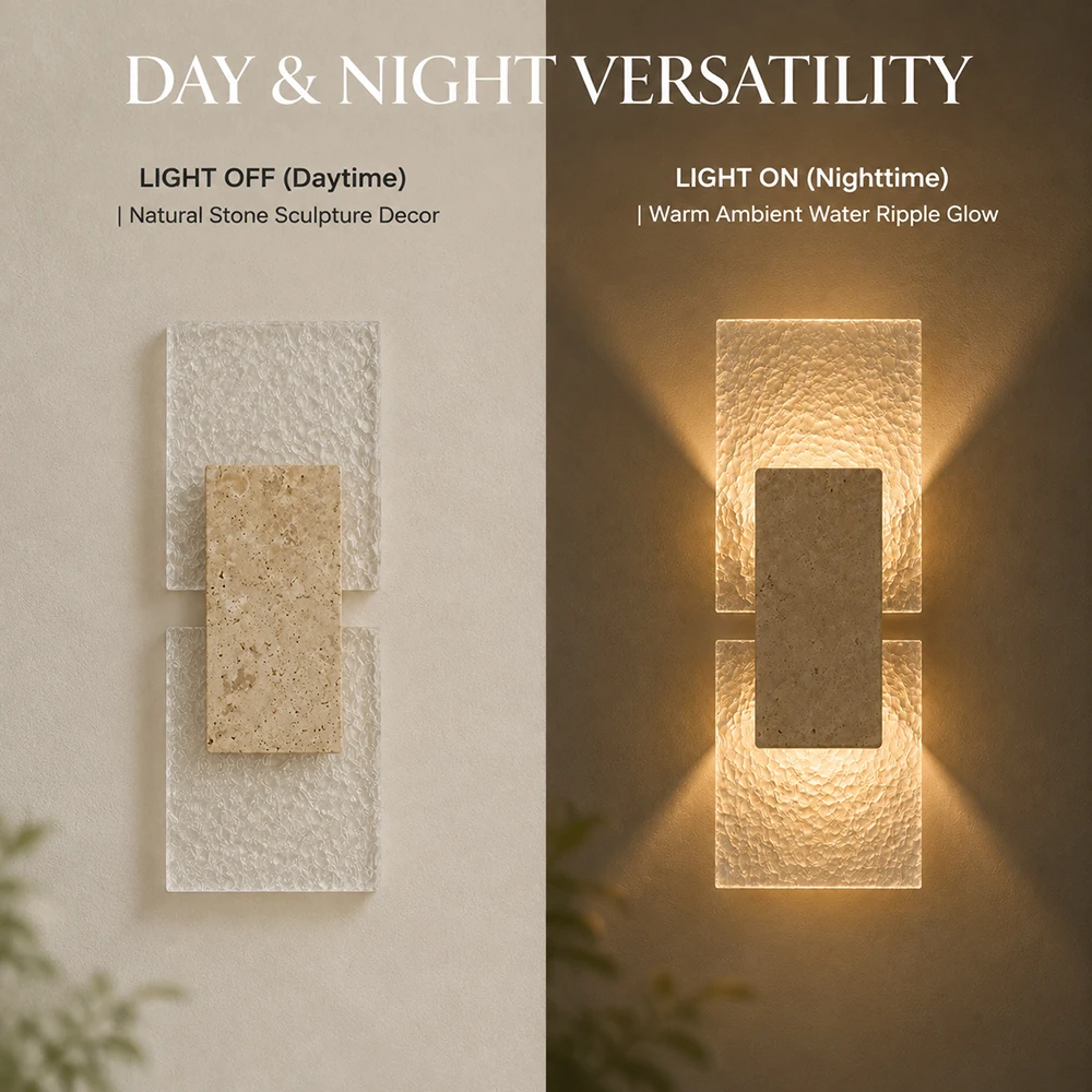 Wabi-sabi Natural Travertine Wall Lamp Modern Water Ripple Acrylic Wall Sconce Luxury Up Down Ambient Light for Bedside Corridor view 3