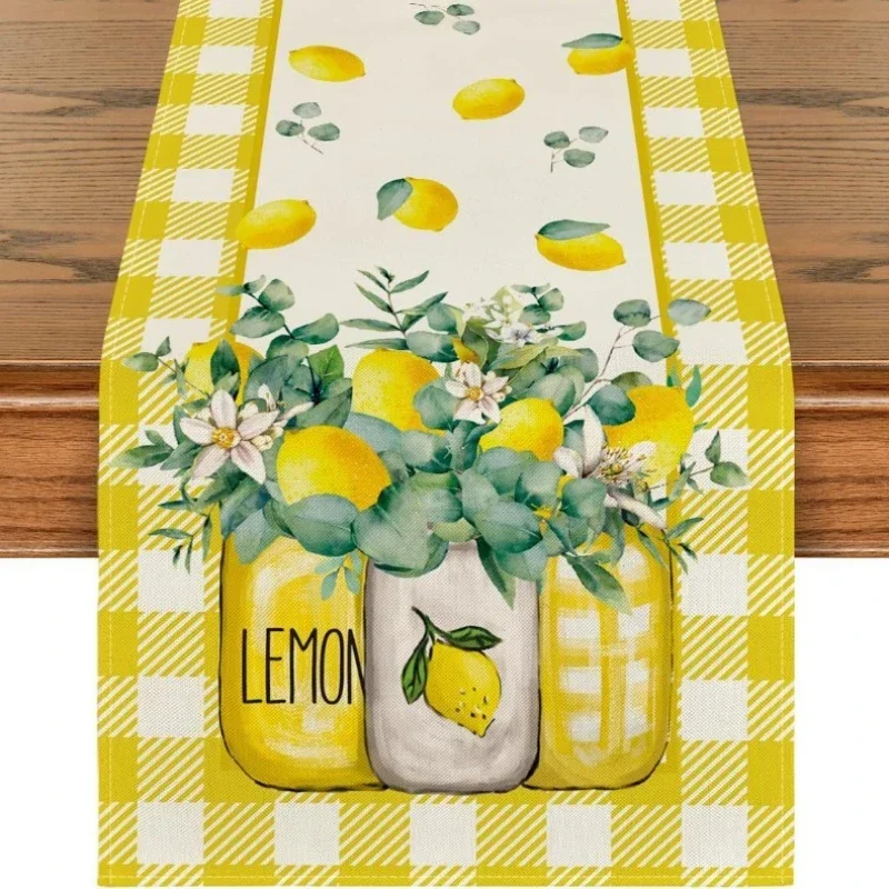 Yellow White Buffalo Plaid Vase Lemon Summer Table Runner Seasonal Spring Kitchen Dining Table Decor for Home Party