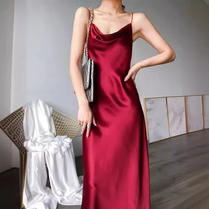 

Summer French Style Long Satin Swing Collar High-End Design Sense Niche Outerwear Sexy Spaghetti Strap Dress Suit Inner Wear