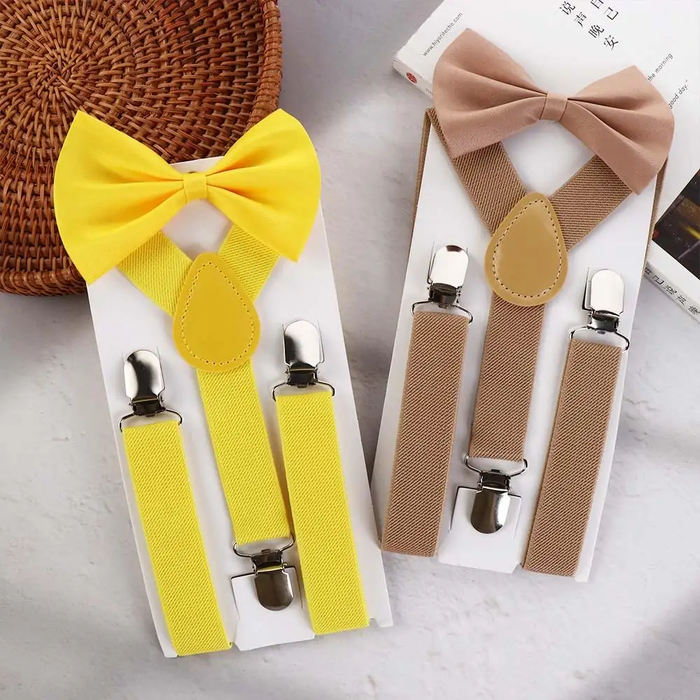 Fashion warna Solid untuk anak perempuan untuk anak laki-laki untuk anak-anak tali dasi kupu-kupu suspender klip dasi suspender Set celana gantung klip