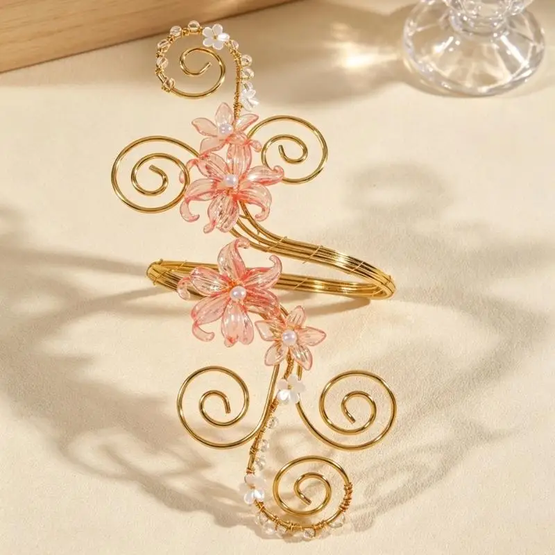 31BB Statement Armlet Jewelry Floral Upper Arms Cuff with Polished Metal Scroll Vine Detail for Festival and Party Outfits