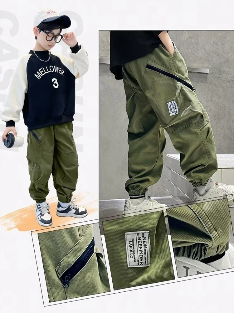 Autumn Boys Cotton Pants Fashion Pocket Decoration Handsome Trousers Kid Teenage Spring Outdoor Sport Casual Pant For 4-14 Years