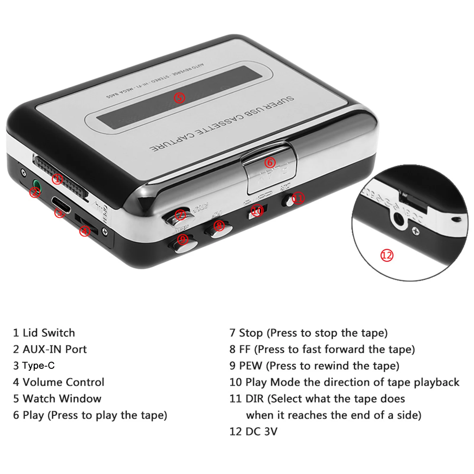 Convertidor de Tape-to-MP3 de casete USB, calidad de sonido HiFi, Mega Bass, reproductor de música con auriculares