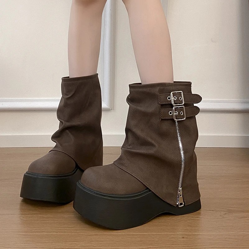 

Осень-зима, женские ботильоны на массивной толстой подошве, дизайнерские туфли на платформе с пряжкой на ремне, современные короткие Botas Para Mujer