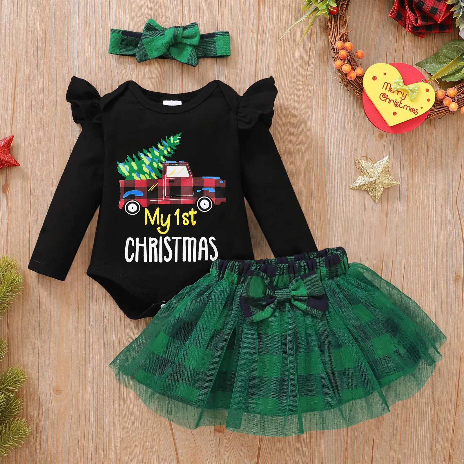 

Christmas Clothes Sets Infant Baby Girls Long Sleeve Tops Plaid Mesh Tutu Tulle Skirt Headband 3Pieces Outfits Newborns Baby