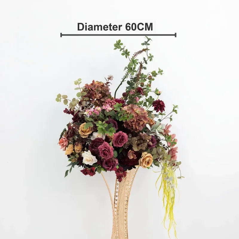 Customized Burgundy Red Gold Artificial Flowers Wedding Flower Aisle Runner Floor Row Flower Ball for Event Party Decoration