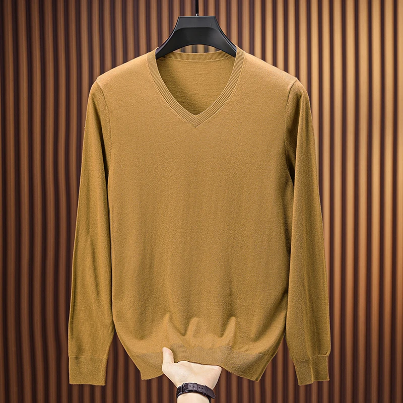 メンズ羊毛混紡ベーシックTシャツ 2025年秋 カジュアルVネック薄手ニットTシャツ 長袖男性用ウール混紡セータープルオーバートップス