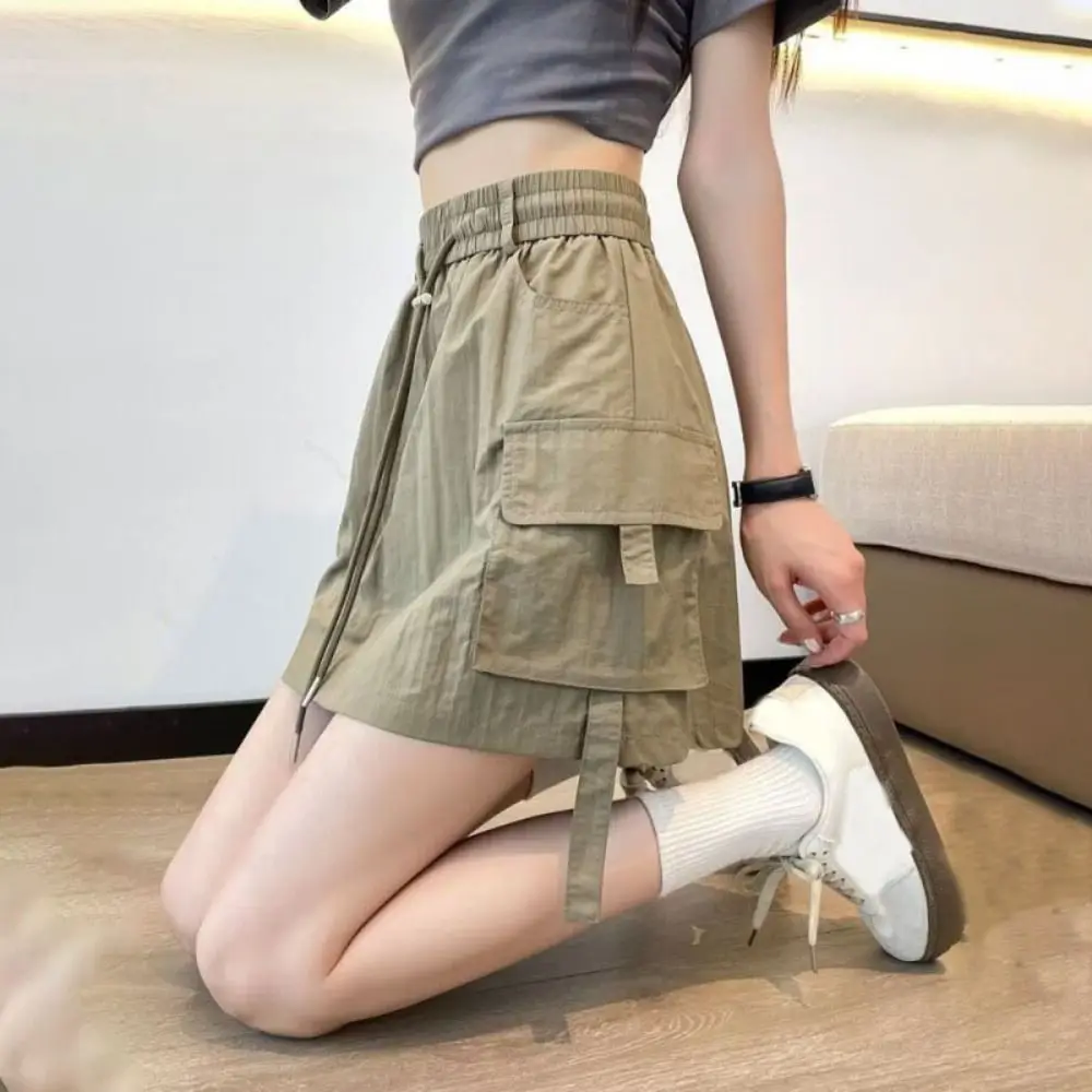 

Fashion Loose High Waist Skirt Drawstring Large Pocket Wide Half Leg Skirts Spicy Girl Style Lace Up Cargo Skirts Streetwear