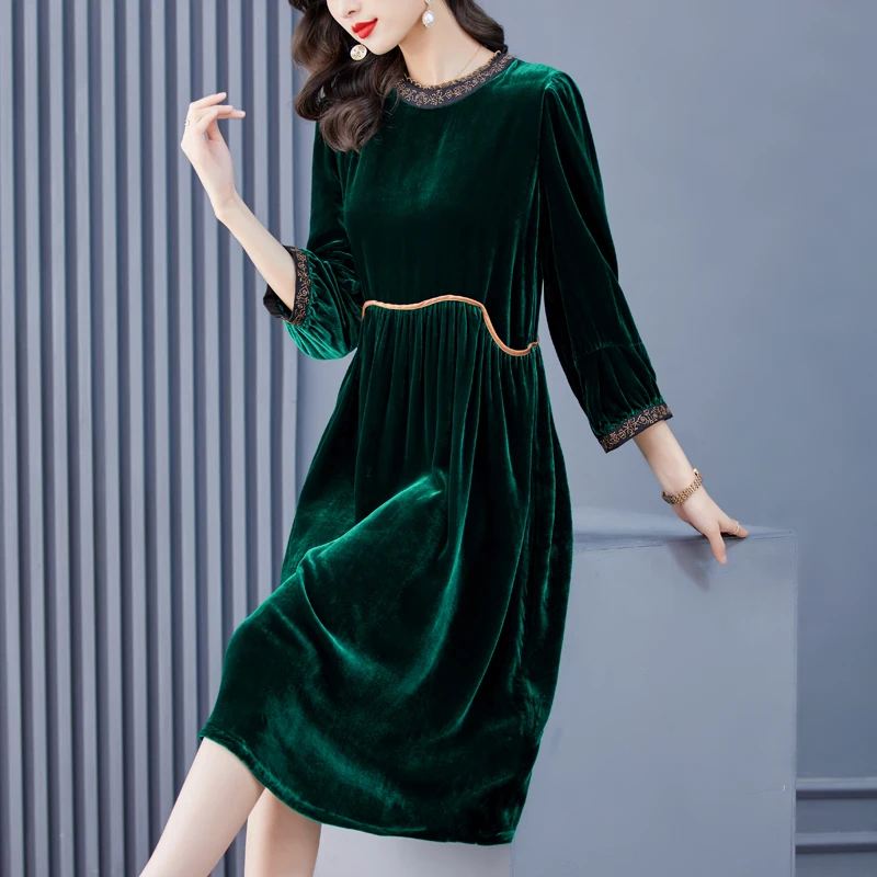 

2023 New Fashion Silk Velvet Dress Women's Autumn Silk Round Neck Long Sleeve Loose Fit Casual Holiday Dress Vestidos