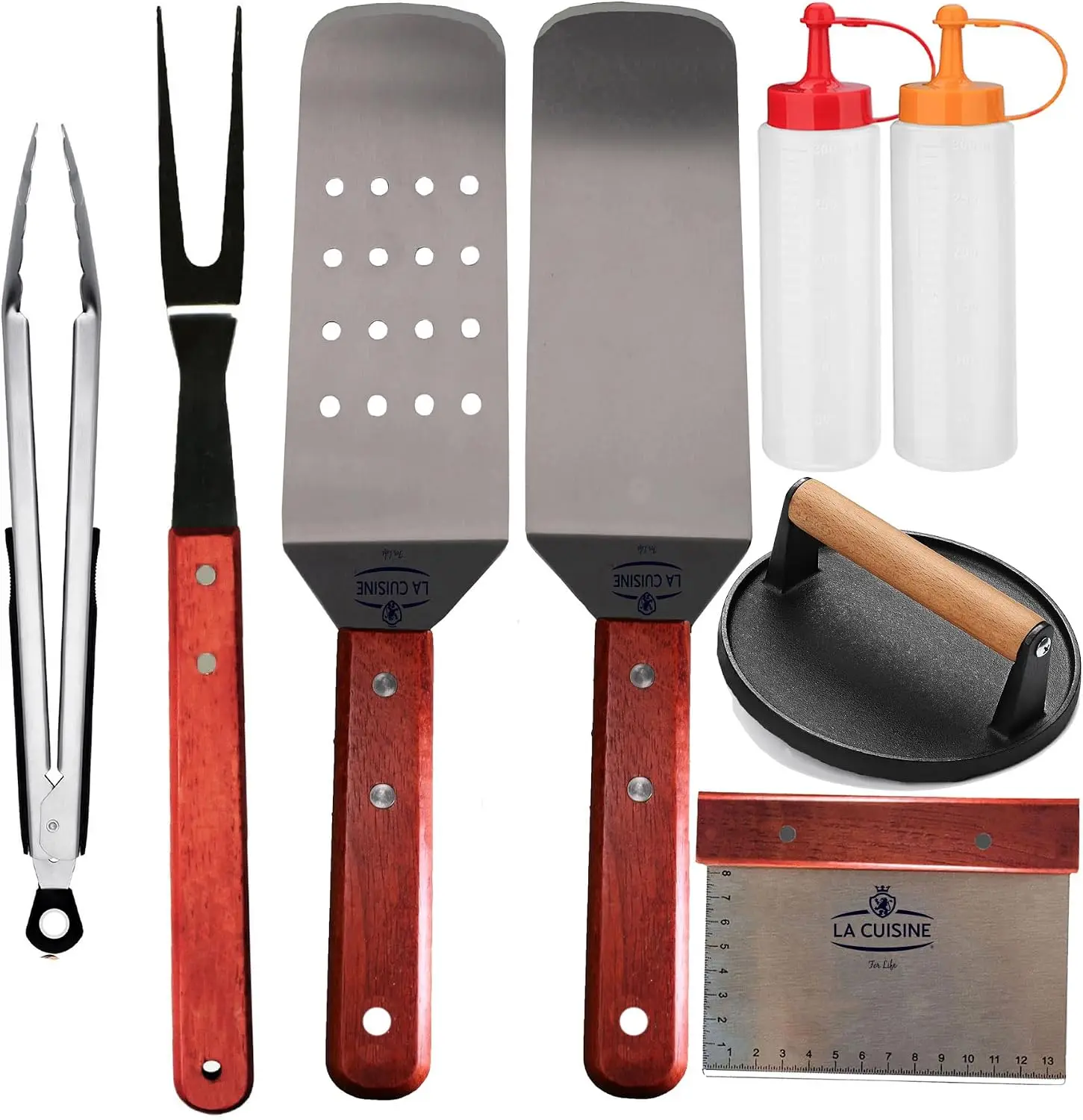 

8-Piece Flat-Top Griddle BBQ Kit with Spatulas, Fork, Tong, Meat Press, Squeeze Bottles for Hibachi & Teppanyaki