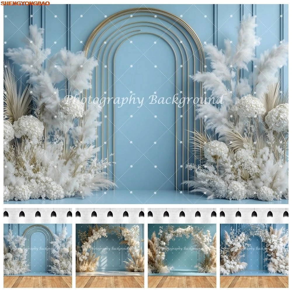 

Maternity Art Portrait Photography Backdrop Blue Wall Boho Leaves Arch Birthday Party Decor Wedding Photo Background Photostudio