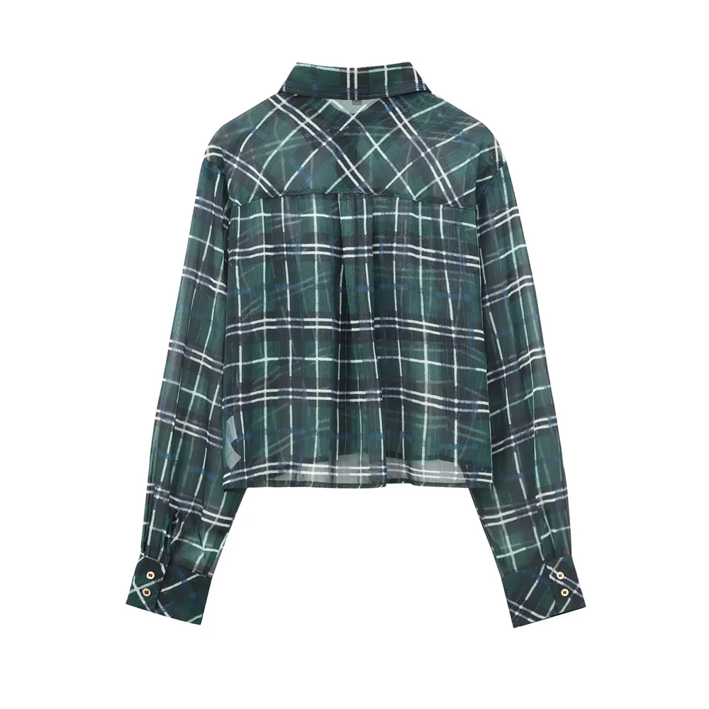 INS Fashion Forest Green Turn Down Collar Single Breasted Long Sleeves Metal Color Line Women Loose Checked Shirt ZATAF 2024 New