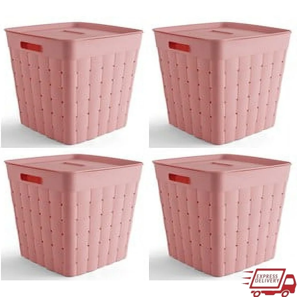 

Large Weave Storage Bin with Lid Stacking Bins Toys Clothes Organizing Durable Plastic Carrying Handles Ideal Kids Teens Adults