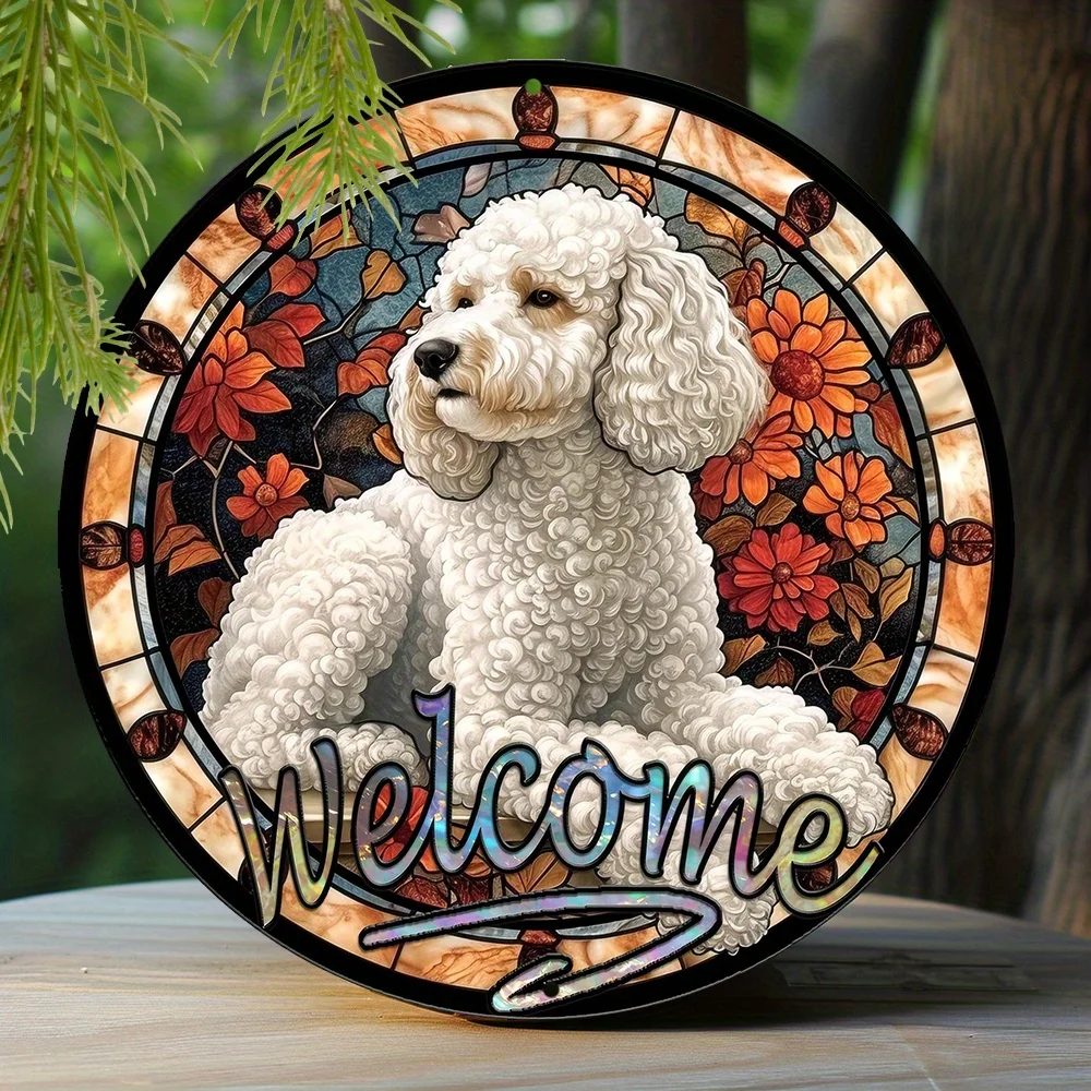 

Metal Sign Poodle Theme Faux Stained Glass Round Wreath Sign Office Gifts wall room decor decoracion hogar rustico