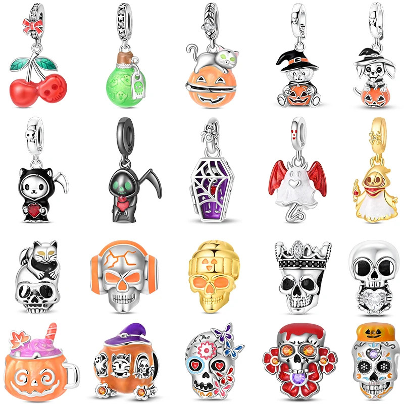 925 Sterling Silber Halloween Leuchtende Kürbis-Schädel-Geister-Charms-Perlen für Damen, passend für Original-Armbänder, DIY-Party-Schmuck, Geschenke