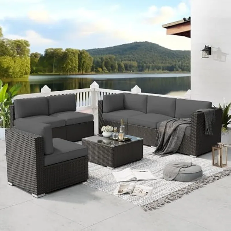 

7 Pieces Outdoor Patio Furniture Set, Black Brown Rattan Outdoor Patio Sectional Conversation Set, Modular Sofa Set with