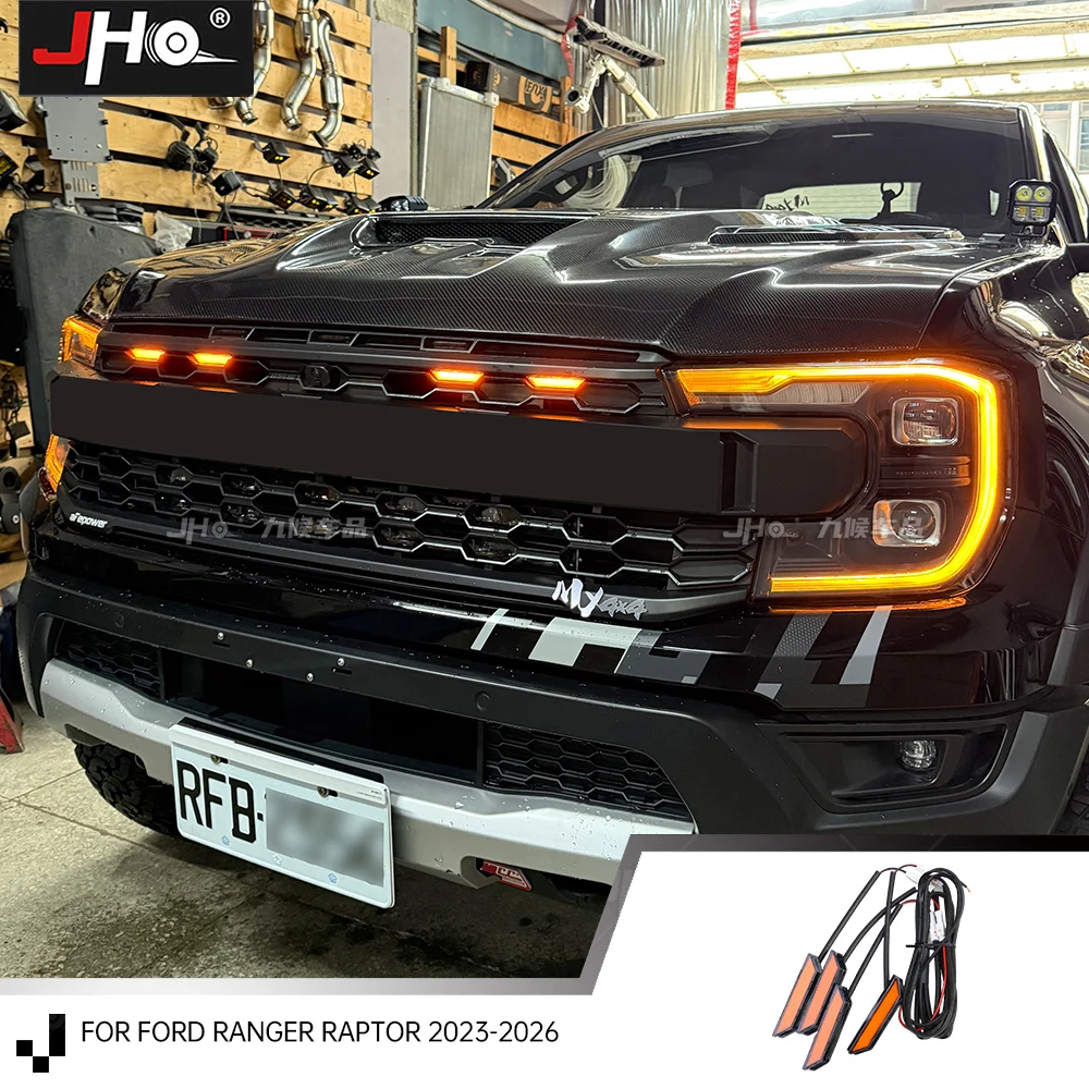 JHO 4PCS Amber LED Grille Lights for Ford Ranger Raptor 2022-2025 P703 Next-Gen Front Grill Lamp Custom Molded Marker Lights