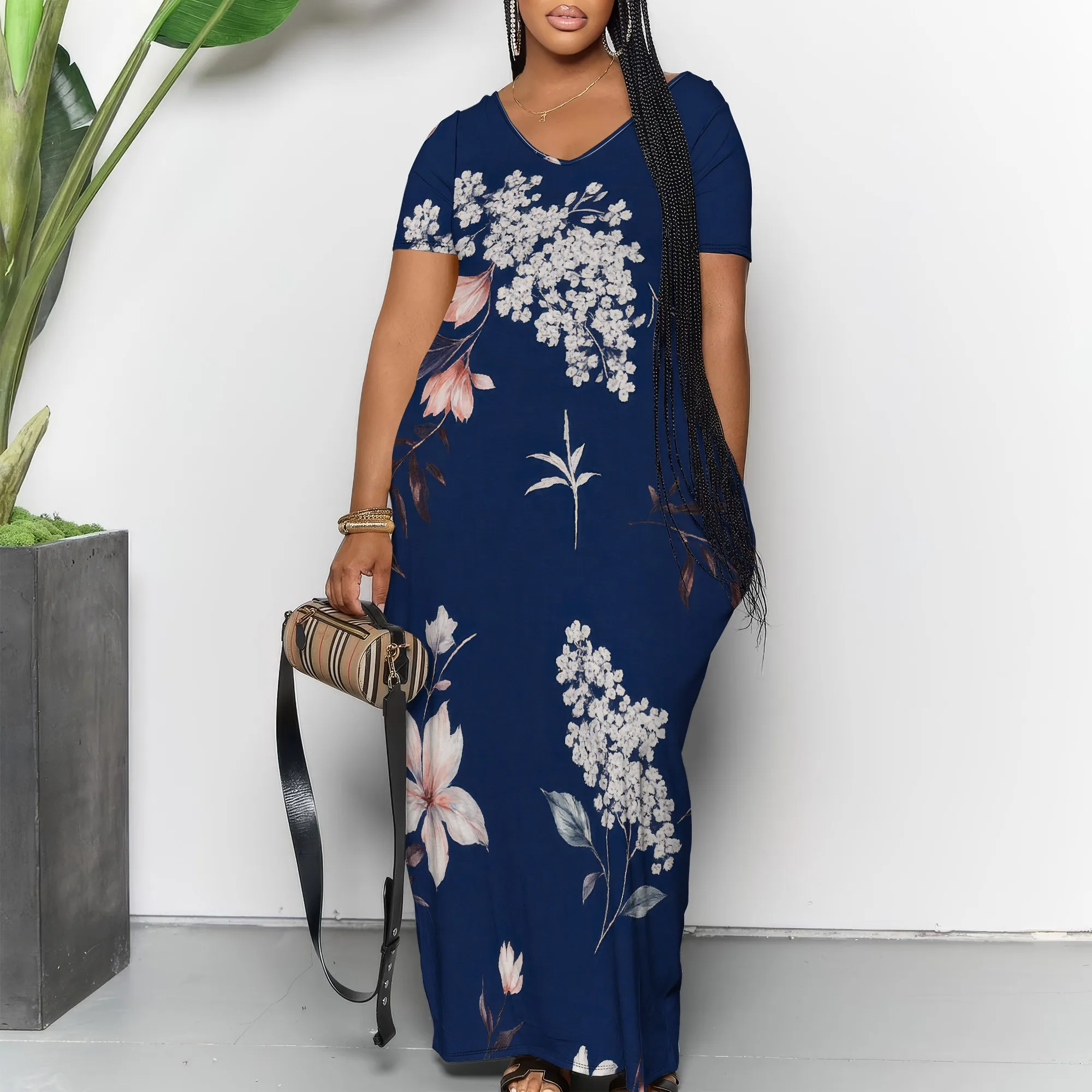

Womens A-Line Shirt Dress Crew Neck Short Sleeves Midi Dresses Casual Pleated Floral Print Dresses with Pockets