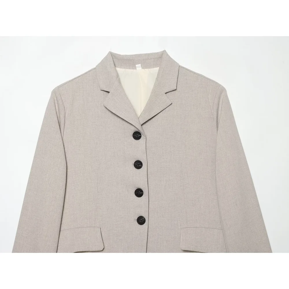 Elegant Chic Straight Cut Linen Blazers for Women Strylish Lapel Collar Long Sleeves Blazers with Flap Pockets and Shoulder Pads