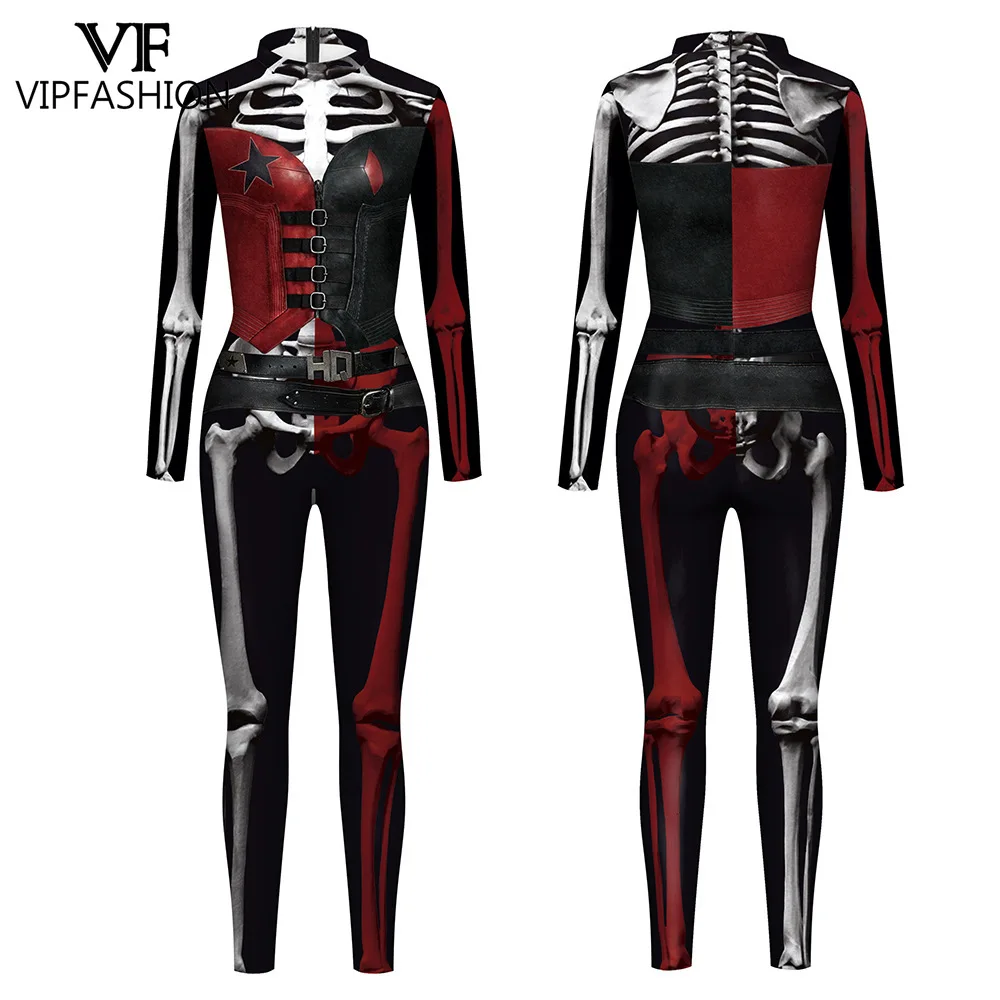 

VIP FASHION Women's Skull Harley Q Bodysuit Elastic Cosplay Halloween Jumpsuit Fancy Party Costume Long Sleeve Spandex Zentai
