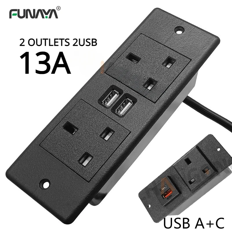 

UK Embedded Table Hidden Sockets 2 Outlets 13A 2500W AC110~260V with 2 USB 5v 2.1A Electrical Desktop Office Furniture Socket