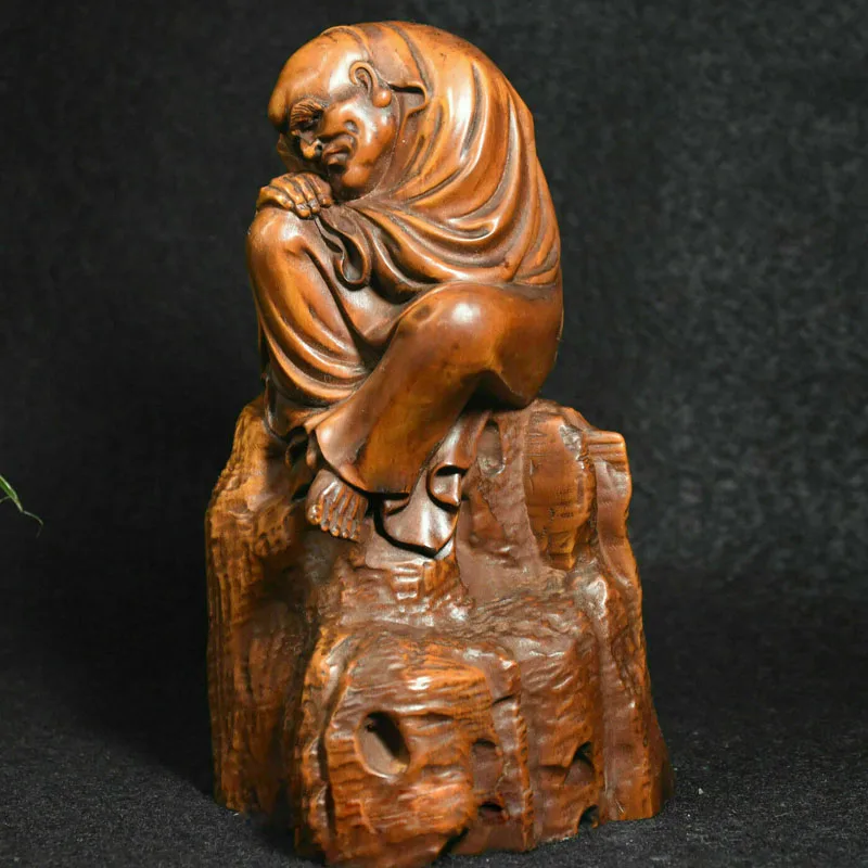 Chinese Buddhism Boxwood Wood Carved Sleep Arhat Monk Buddha Statue Sculpture