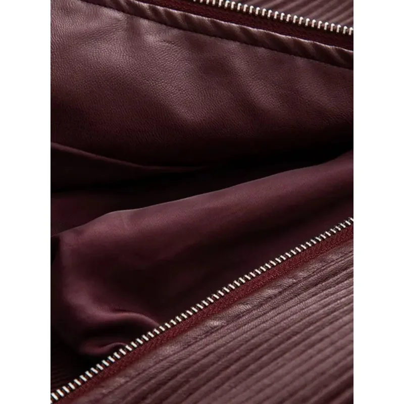 Jaquetas Femininas Vintage Estilosas de Outono em Couro Sintético Plissado Oversized BF, Casaco Cropped Elegante Solto Vinho Tinto PU com Zíper para o Dia a Dia