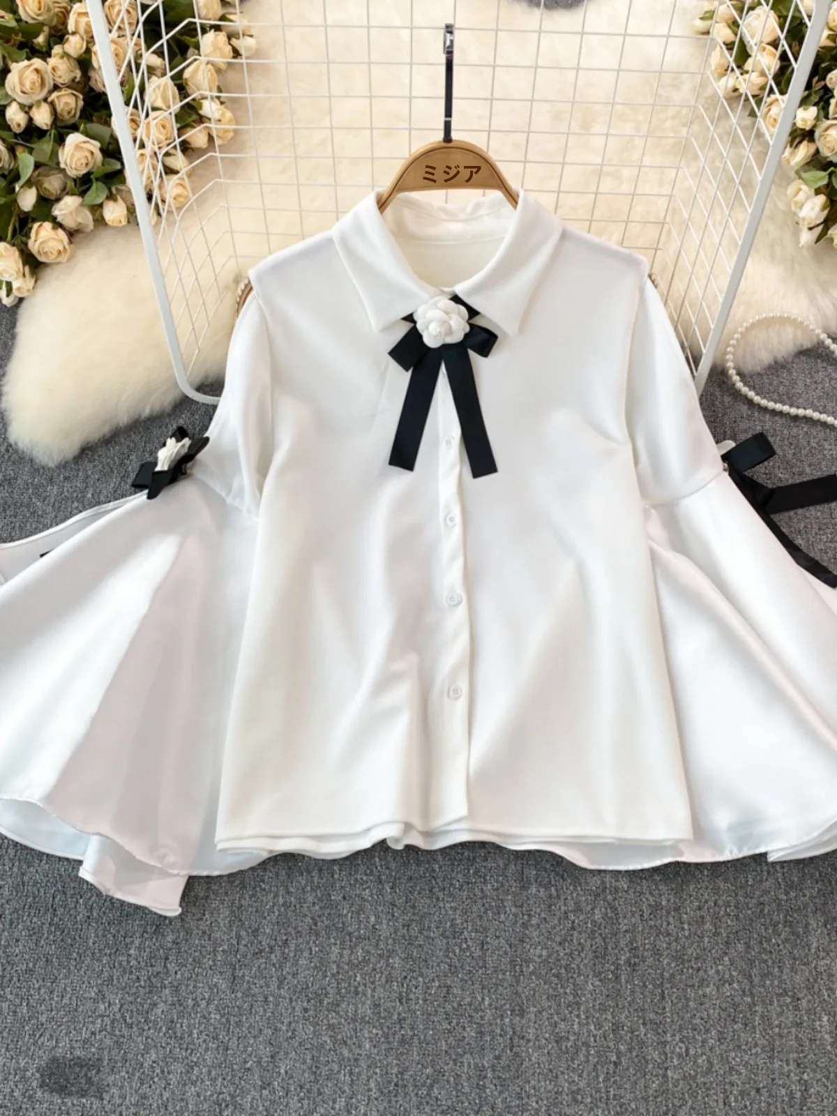 

Retro Court Sle Loose Long Sve White irt Women Casual Top Knot Belt Single Button Korean Version Commute