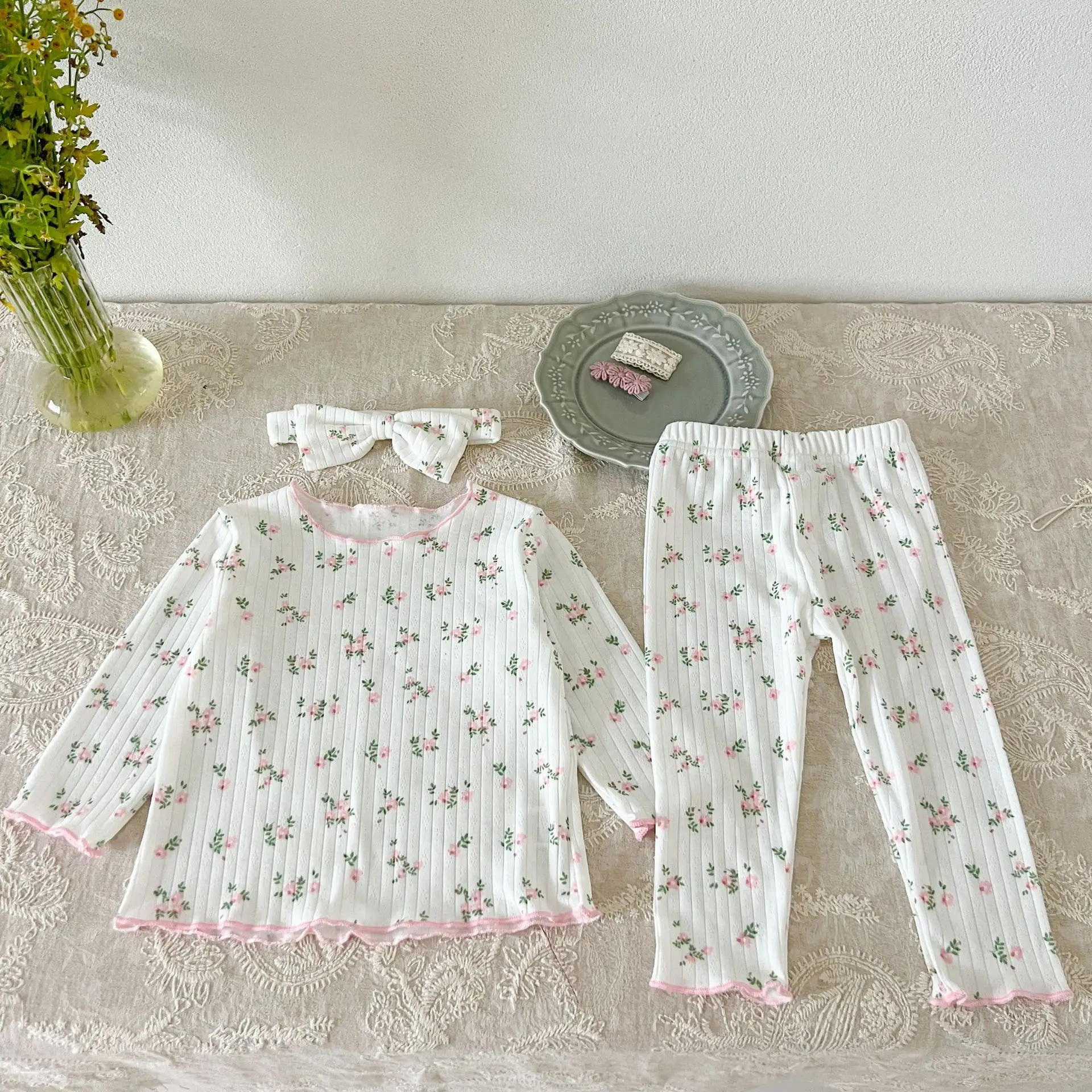� Neue Ankunft Baby Mädchen Blumen Druck Baumwolle Pyjama Set Langarm Spitze Trim Zwei Stück Nachtwäsche Herbst Homewear Infant Kleinkind ‌ – Detail 9