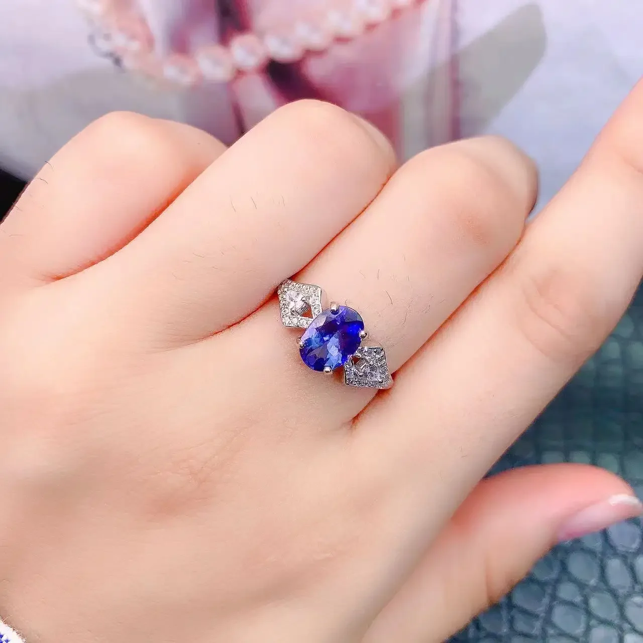 Tanzaite Jewelry Fashion 925 Silver Ring for Party 1.2ct 6mm*8mm VVS Grade 100%Natural Tanzanite Ring for Woman Real Silver Gift