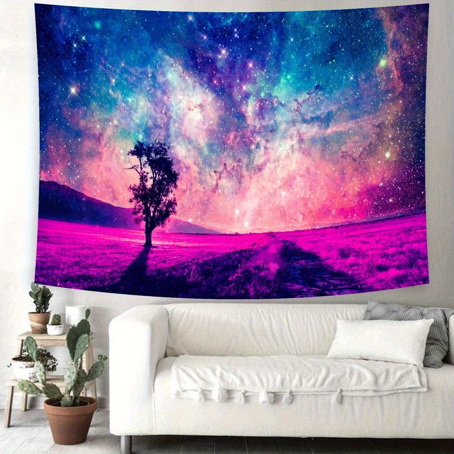 Tapiz de noche estrellada de galaxia para colgar en la pared, escena Celestial rosa y violeta vibrante, poliéster duradero color Beige claro melocotón, 1 ud.