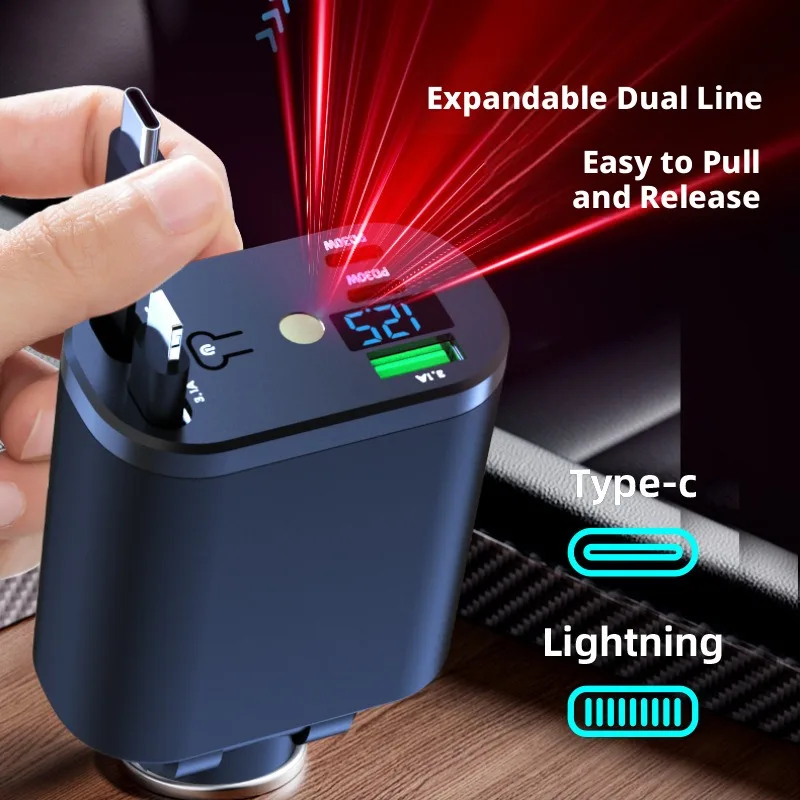 Starry Sky Top 120W Car Cigarette Lighter USB Charger Super Fast Charge for Phone One To Two Retractable Cable Adapter