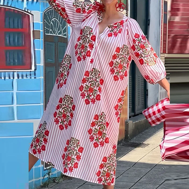 Sukienka damska w stylu retro z kwiatowym wzorem w paski, idealna na wakacje na plaży, wiosenna sukienka z dekoltem w serek, luźna sukienka boho, długa sukienka jesienna z rękawami 3/4, damska sukienka wkładana przez głowę.