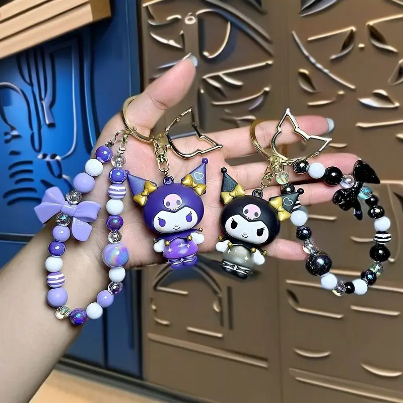 

Official Sanrio Kuromi Beaded Keychain Cute Figure Pendant Bow Key Ring Cartoon Charms Bag Car Key Holder Gift for Girls Fans