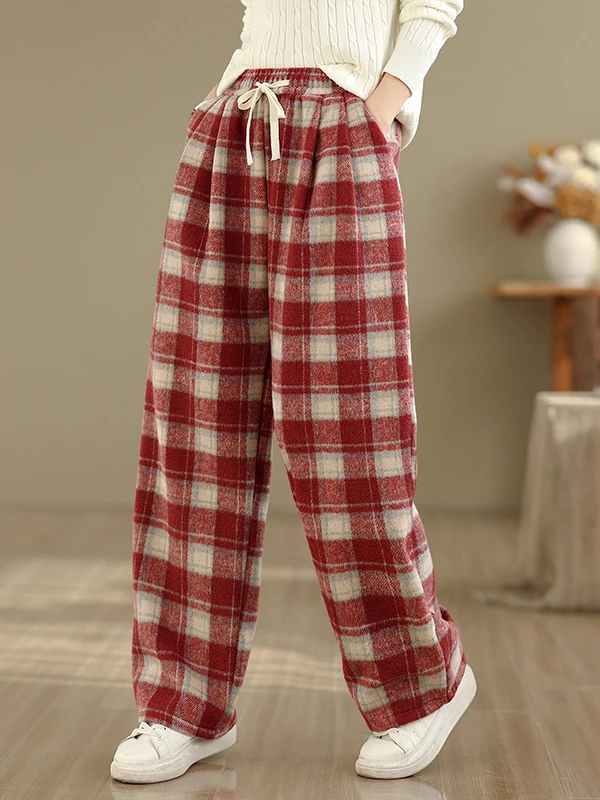 Thiened FCE-gefütterte Hose mit weitem Bein, Herbst-Winter, kariert, lockere Passform, große Damen-Wollhose, lässige Hose mit geradem Bein