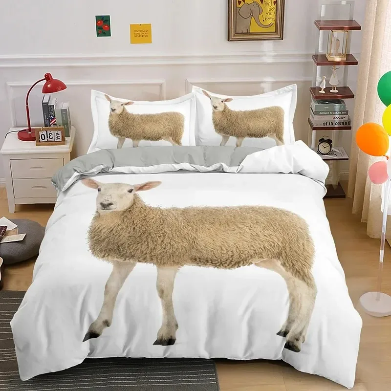 Sheep Duvet Cover King Queen Size Lovely Farm Animals Bedding Set for Kids Teens Adults White Goat 23pcs Quilt Cover Pillowcase